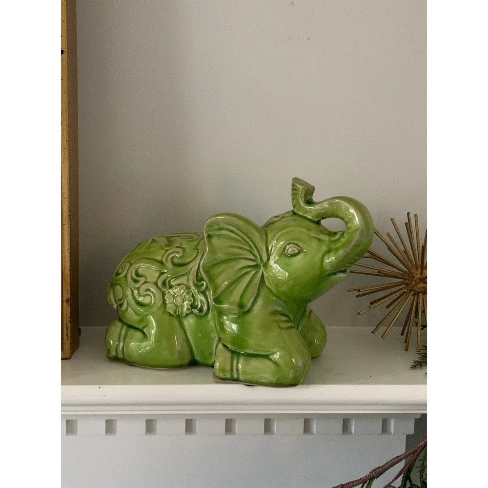 Vintage Green Glazed Baby Elephant Figurine home decor garden floral traditional
